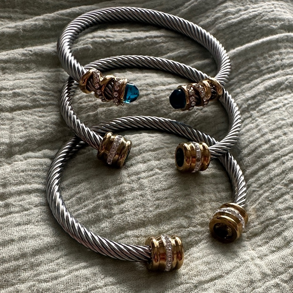 Two Tone Cable Bracelets with Gem Accents Set of 3